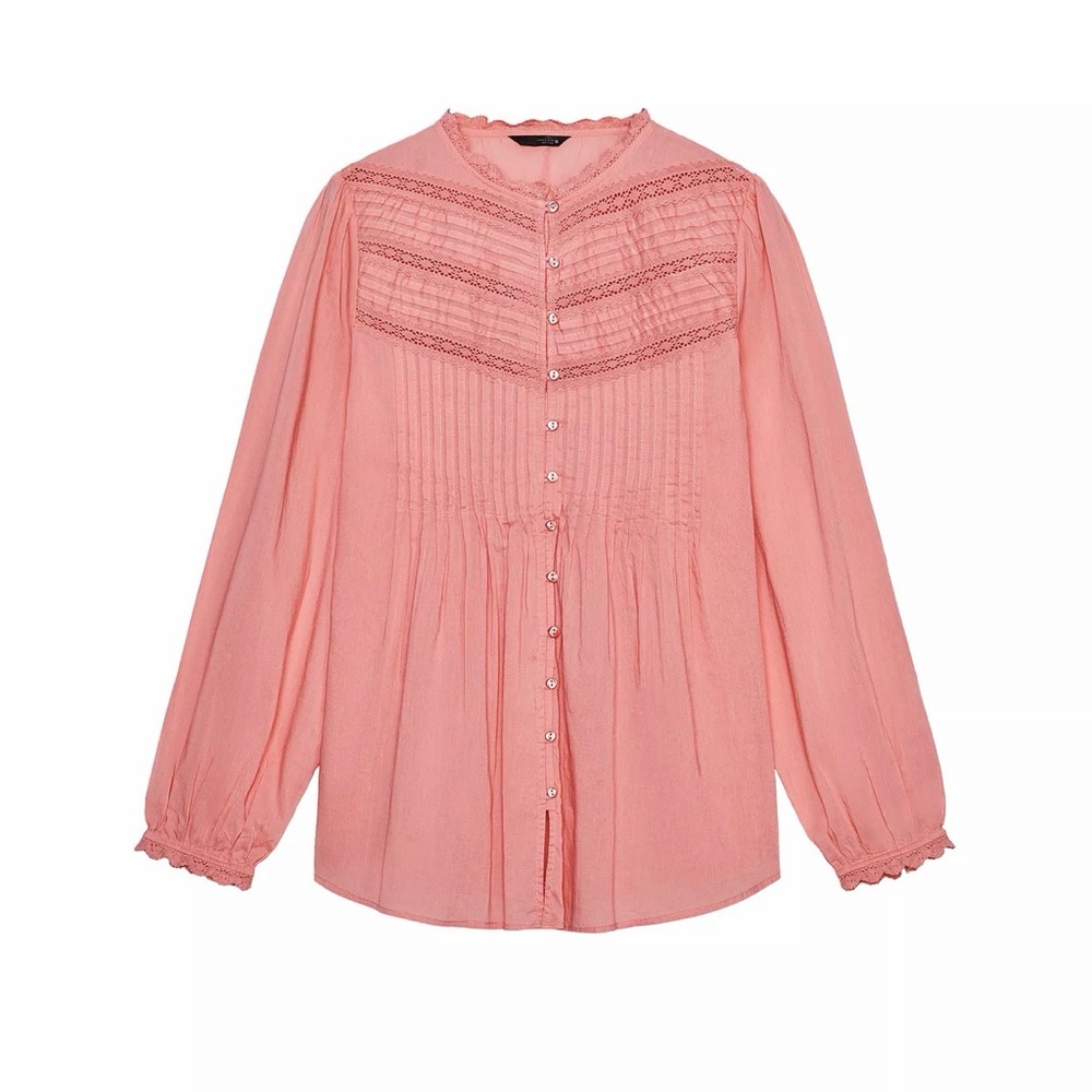 Zara Coral-Pink Lace Yoke Button-Up Blouse